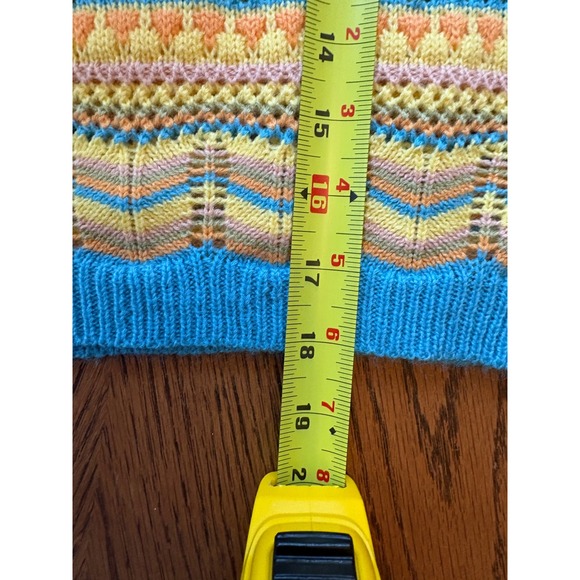 LUSH Blue Yellow Multi Crochet Knit Bell Sleeve Sweater Top Size M - Picture 4 of 7